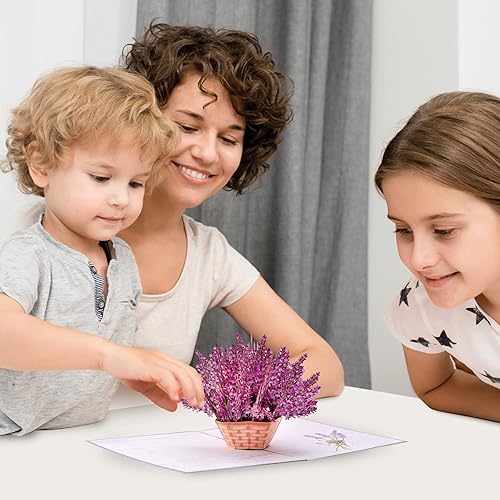 Miniatura 3 de Ramo de flores de papel lavanda, tarjeta de felicitación de flores emergentes de 5 x 7 pulgadas, la mejor tarjeta desplegable 3D para cumpleaños,