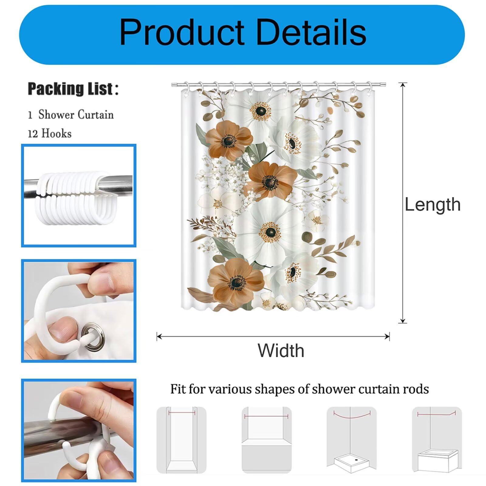 Cortina de Ducha Blanco Cortina Ducha, Antimoho, Tela Impermeable Poliéster, Shower Curtain 220x200 cm con 12 Ganchos y Dobladillo Ponderado, Shower Curtain Lavable para Baño o Bañera, Flor 3Y#169