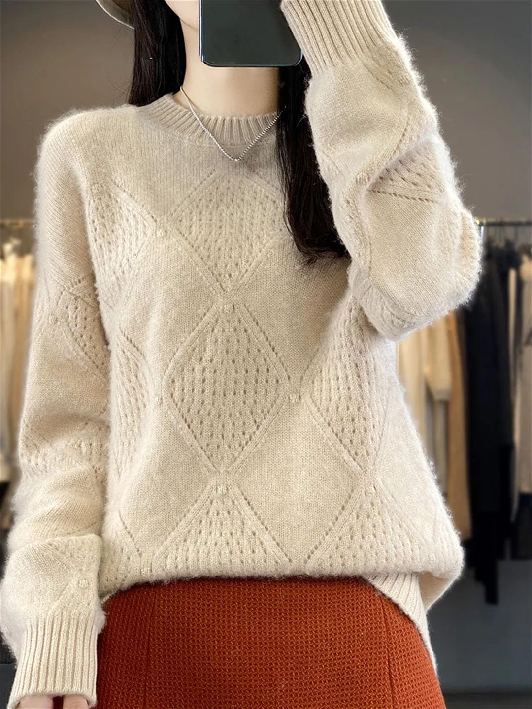 Vogrtcc Maglione da Donna Autunno Inverno O-Collo Pullover Cavo Maglieria Casual in Lana E Cashmere