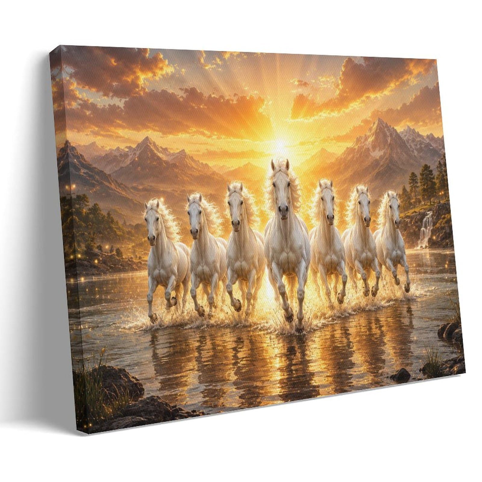 Luxury Seven Running Horses Canvas Wall Art, Golden Sunrise Vastu Painting for Wealth Prosperity And Success, Home Office Decor, 12x18inch(30x45cm) Frame