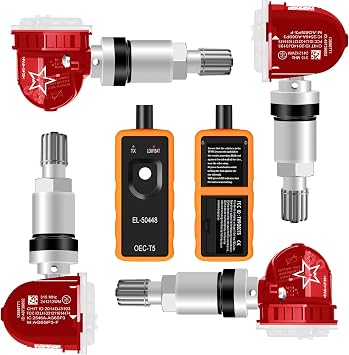 5Pcs TPMS Sensor with Relearn Tool, 315Mhz OE 13598771 13598772 13586335 13581558 EL-50448 Tire Pressure Monitoring System Compatible with Chevrolet/Chevy/Silverado/GMC/Buick/Cadillac Red