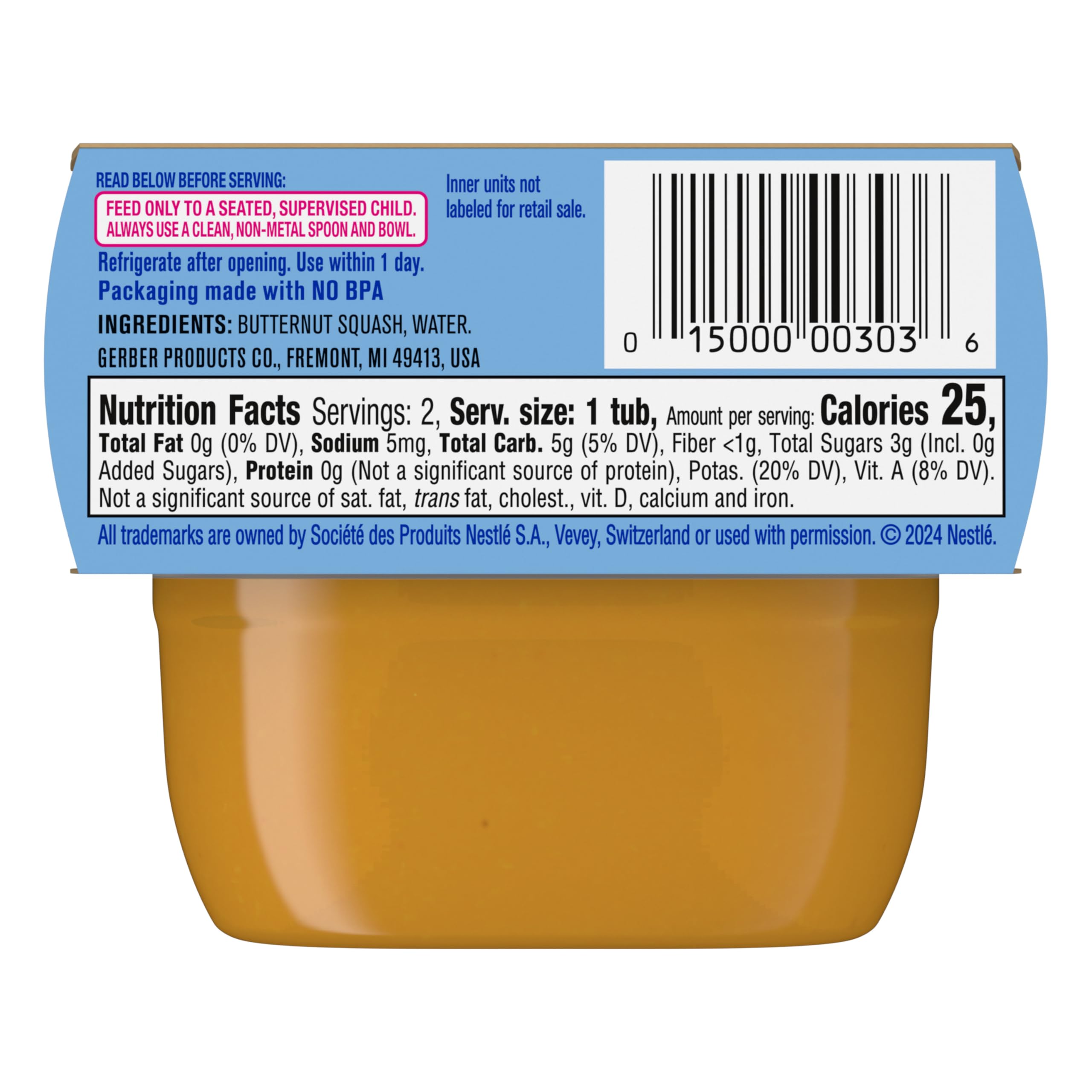 Gerber Stage 1 Baby Food, Butternut Squash Puree Tubs, No Added Salt, No Artificial Colors or Flavors, Baby Puree, 16-Pack