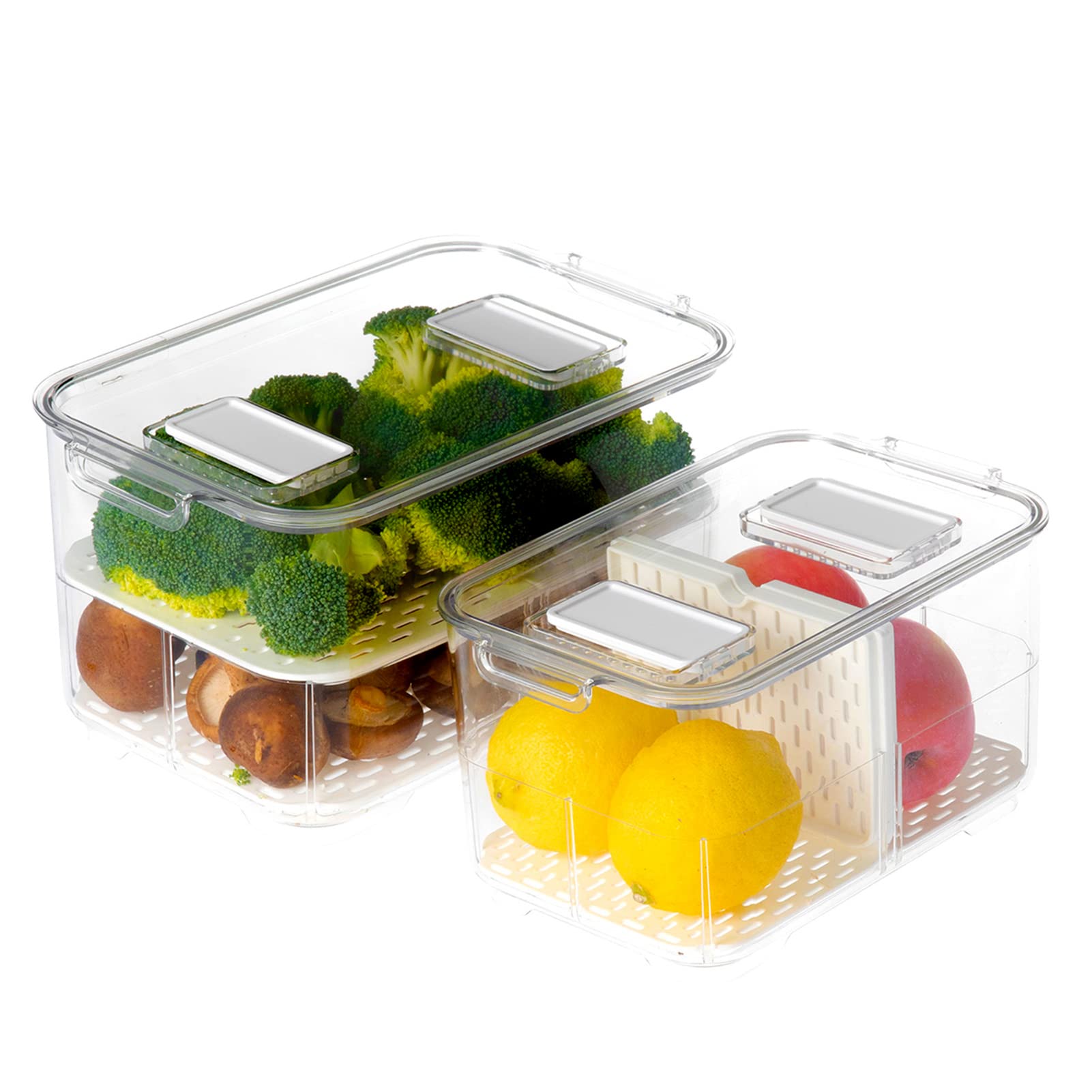 Fridge Produce Saver Food Storage Containers Stackable Refrigerator Organizer with Lids and Removable Drain Tray Drawers Bins Baskets for Kitchen