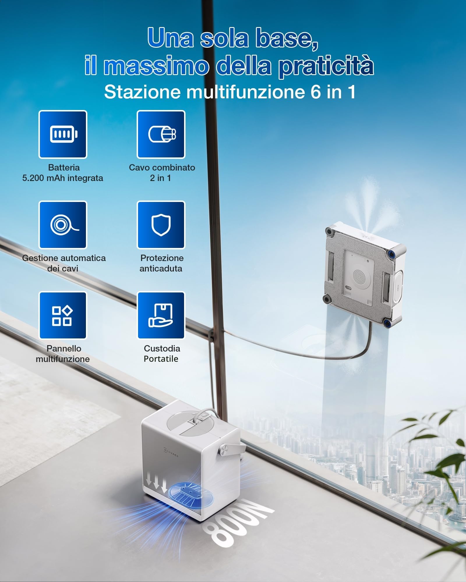 ECOVACS WINBOT W2S OMNI Robot Lavavetri con Stazione Multifunzione, Pulizia Intelligente da Bordo a Bordo con TruEdge™, Ricarica Durante l'uso, Nebulizzazione a 3 Ugelli, Protezione a 12 Livelli