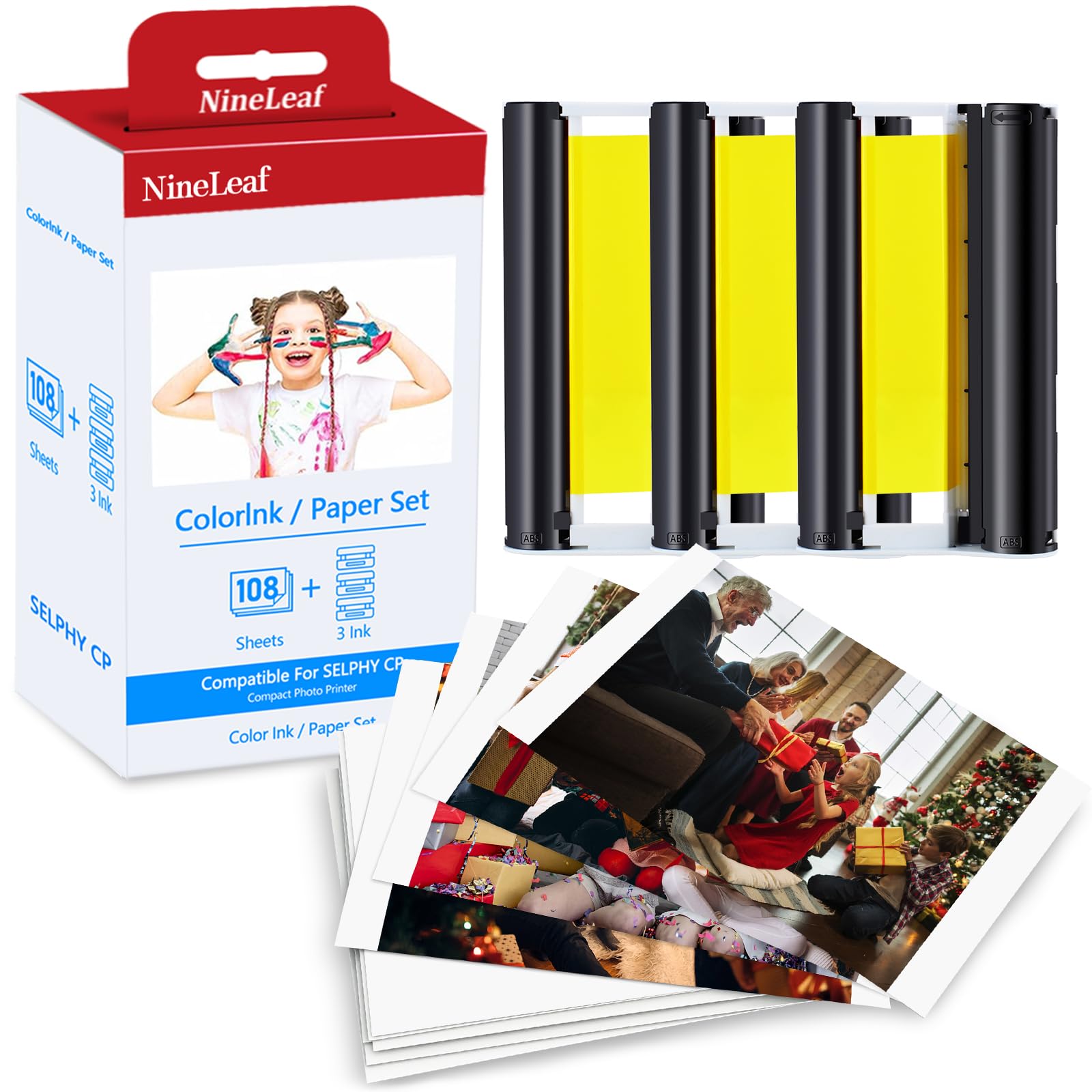 NineLeaf Compatible for Canon Selphy CP1500 CP1300 Ink and Paper KP-108IN KP108 3 Color Ink Cartridges and 108 Sheets 4x6 Photo Paper Glossy for