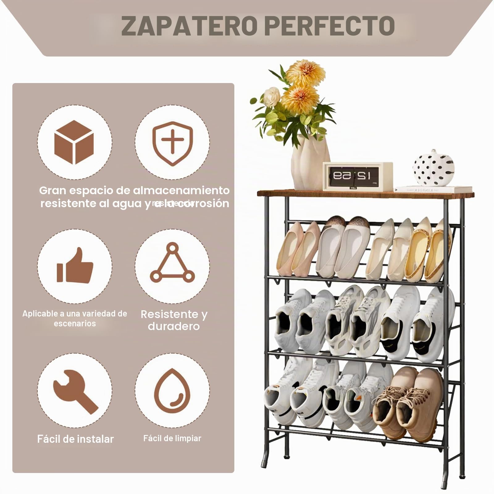 Zapatero de metal estrecho con 4 niveles, apilable, pequeño zapatero, organizador para 12-16 pares de zapatos, estante para zapatos para entrada, pasillo, salón, dormitorio
