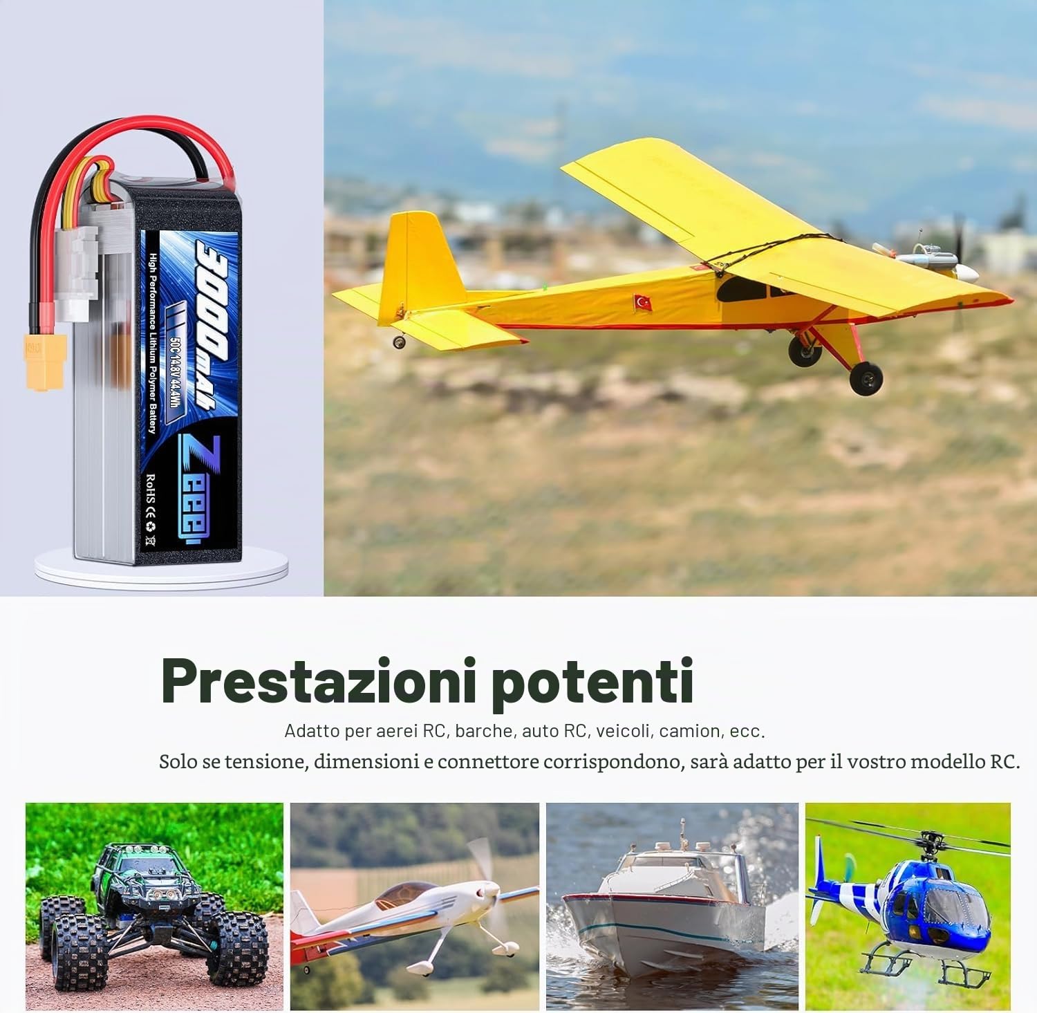 Zeee 4S Lipo 3000mAh 14,8V 50C Batteria RC con connettore XT60 per auto RC, camion, aereo, elicottero, barca... (2 pezzi)