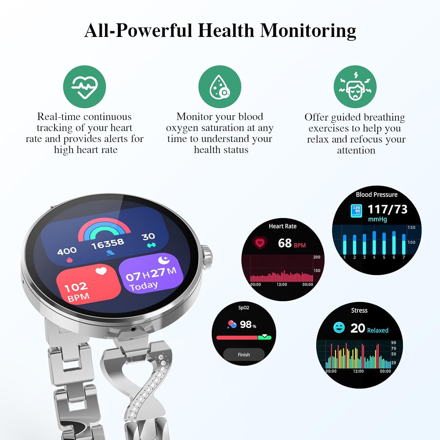 Smart Watches for Women, Answer/Make Call, 1.04'' AMOLED, 24H Sleep Tracker, Fitness Tracker with Heart Rate/Blood Pressure/SpO2/Stress Monitor, 100+ Sport Modes Waterproof Smartwatch for IOS/Android