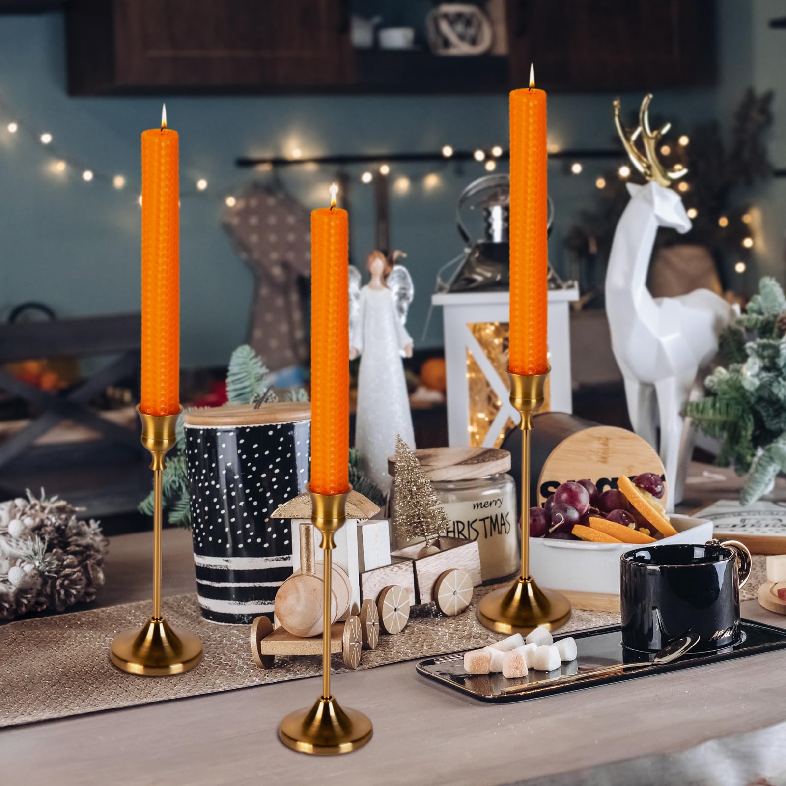 KONNI Orange Beeswax Taper Candles, 0.87 inch x 7.87 inch Hand-Rolled, Unscented, Smokeless Beeswax, Long Burning Time, Flat Top (Pack of 3), for Weddings, Dinner Parties, Spas, and Home Decor