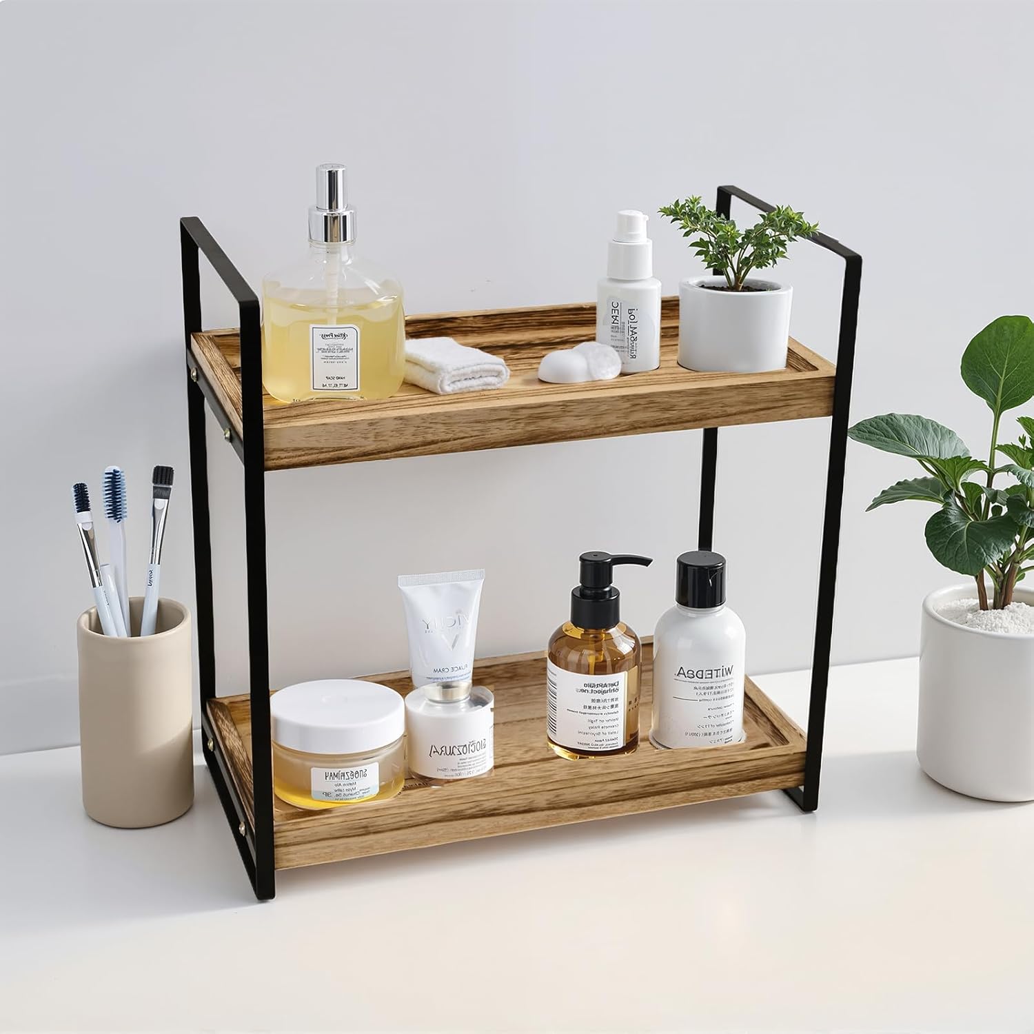 Bathroom Counter Organizers，2-Tier Countertop Organizer for Bathroom, Wood Makeup Organizer, Cosmetic Storage Display Case, Vanity Kincare Storage