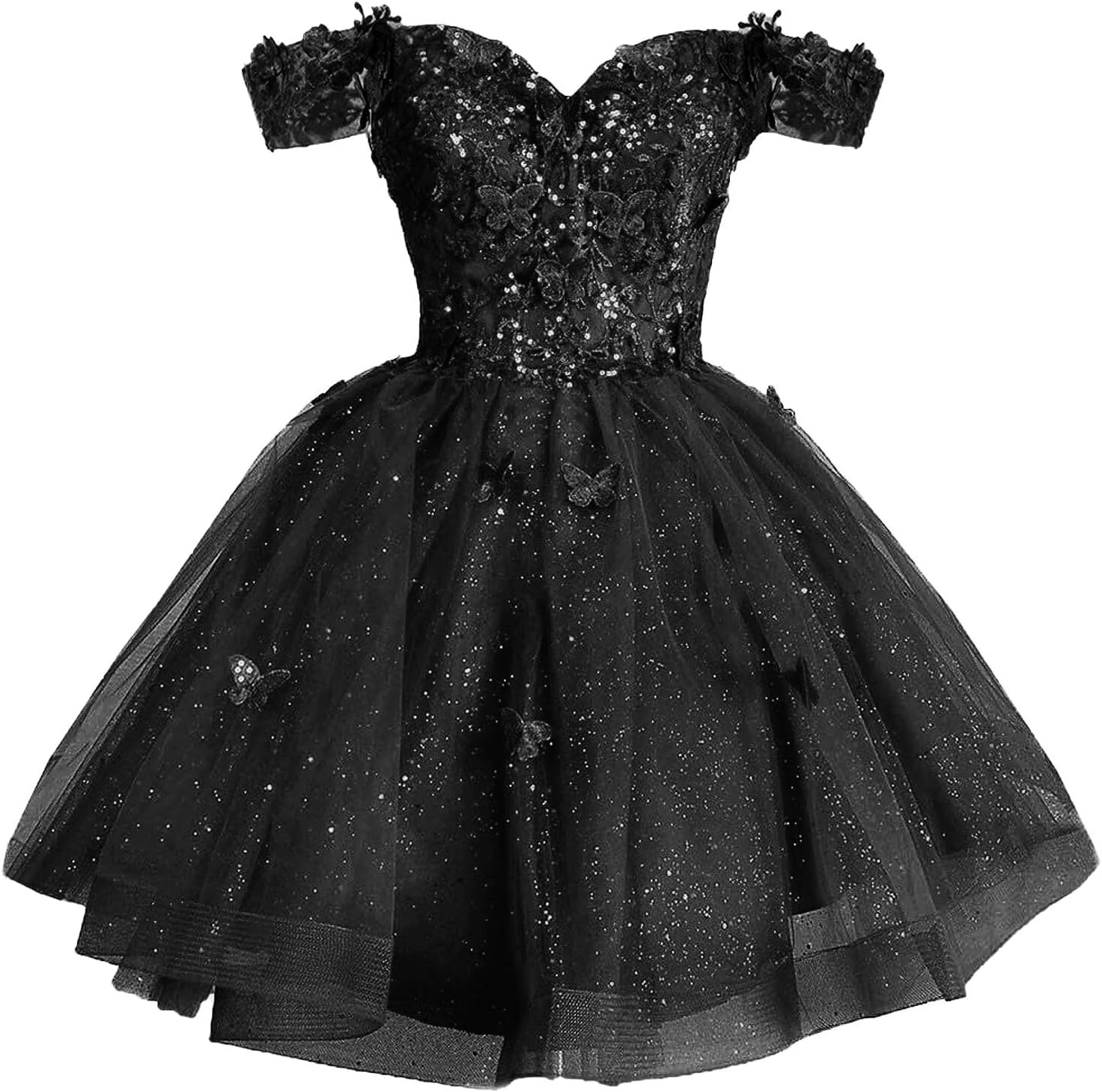 Off Shoulder Homecoming Dresses for Teens Sparkly Tulle Short Prom Dress 3D Butterfly Quinceanera Dresses Ball Gown