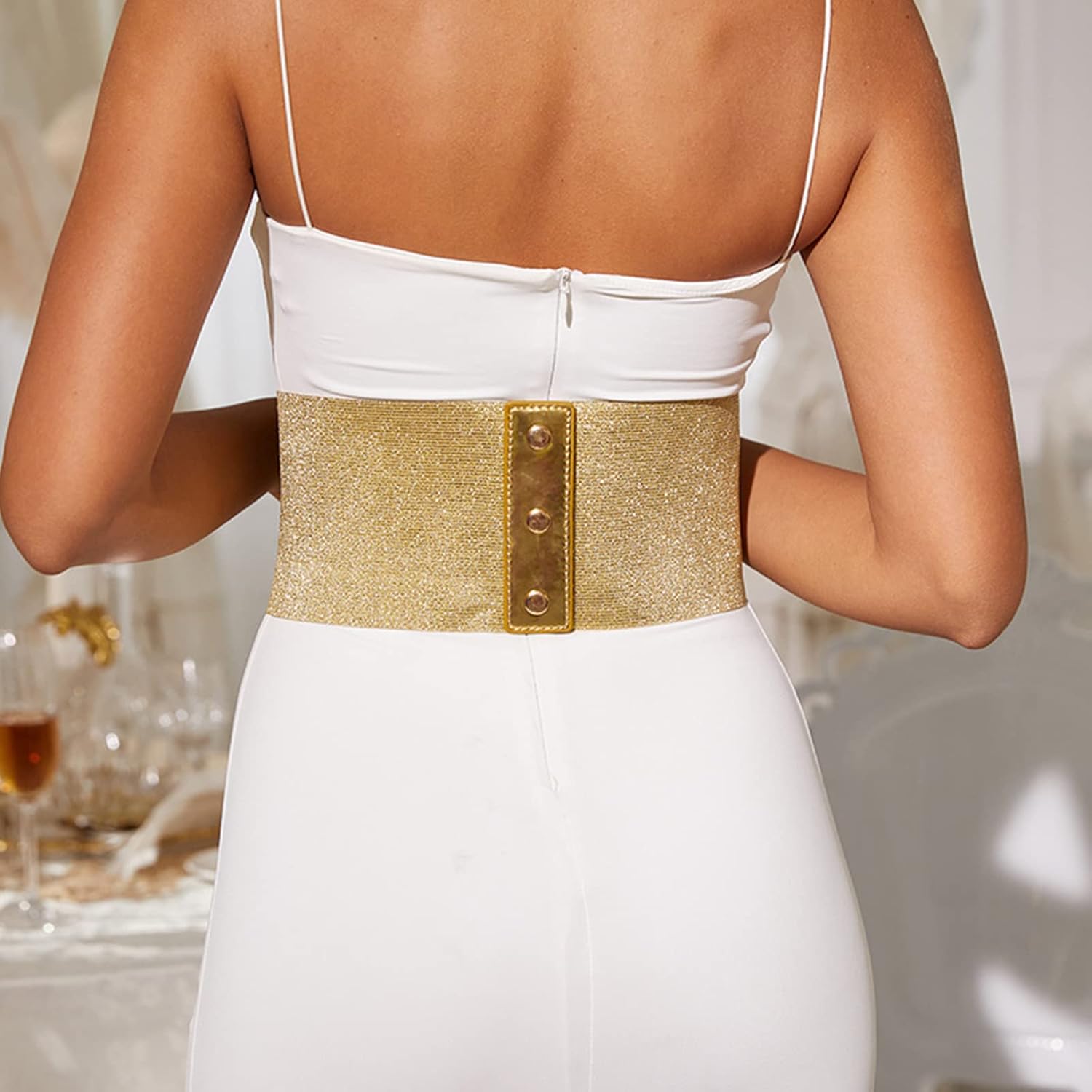 Elastic Gold Corset Belt for Women - Wide Underbust Waist Cinch for Dress