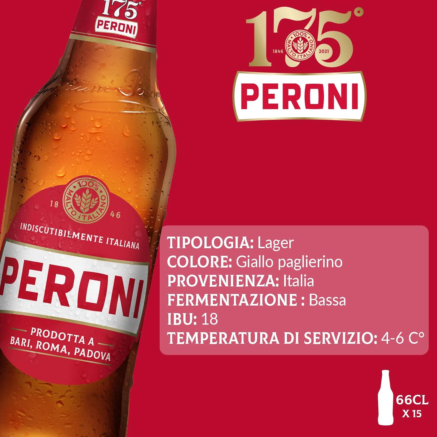 Peroni Birra Edizione Speciale, Cassa Birra con 15 Birre in Bottiglia da 66 cl, 9.90 L, Birra Lager con Malto 100% Italiano, Gusto Moderatamente Amaro, Gradazione Alcolica 4.7% Vol 9.90 l (Confezione da 1) Single - Immagine 2