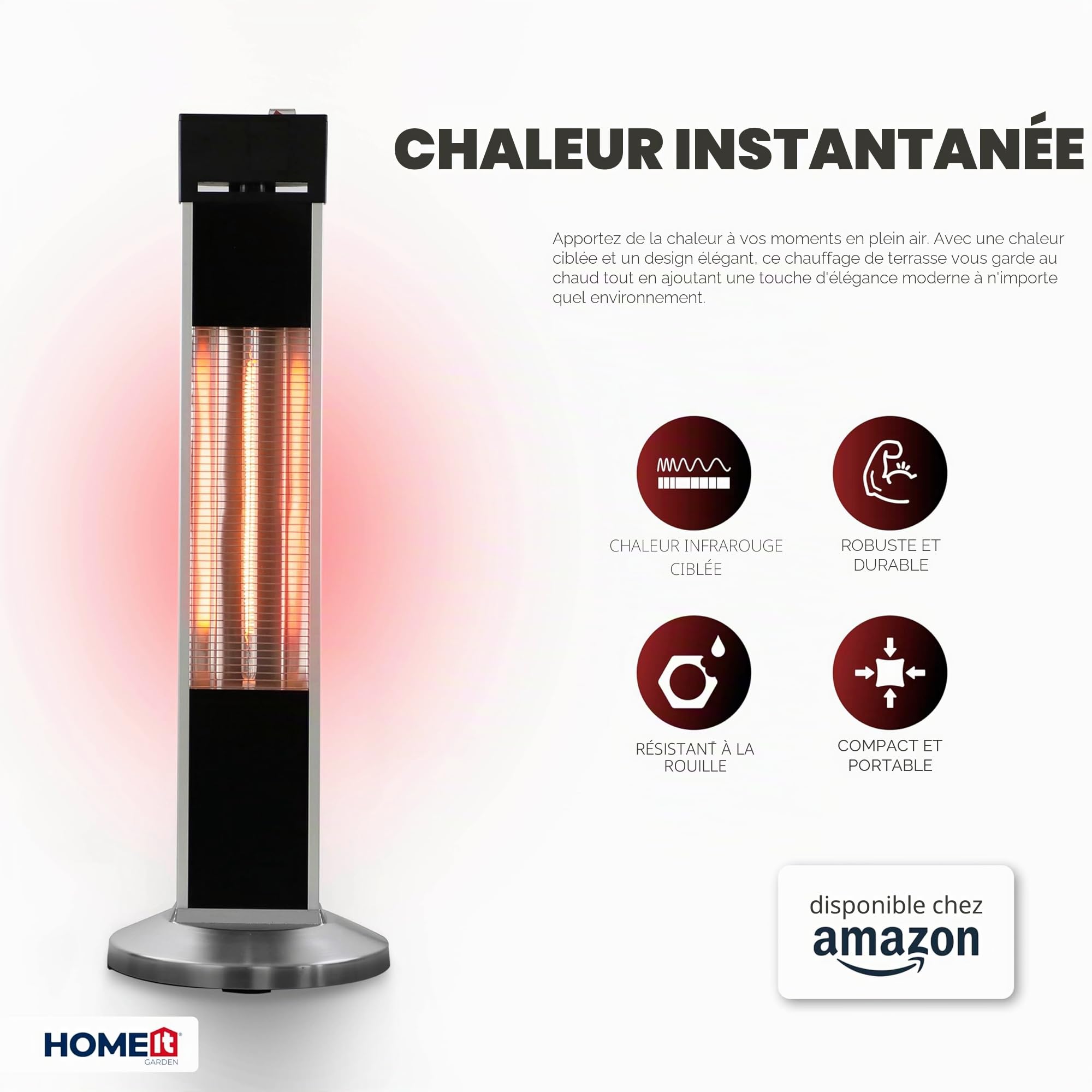 Home It® Chauffage de terrasse infrarouge sur pied 2000W – Tube carbone – Étanche IP34 – Noir/Aluminium