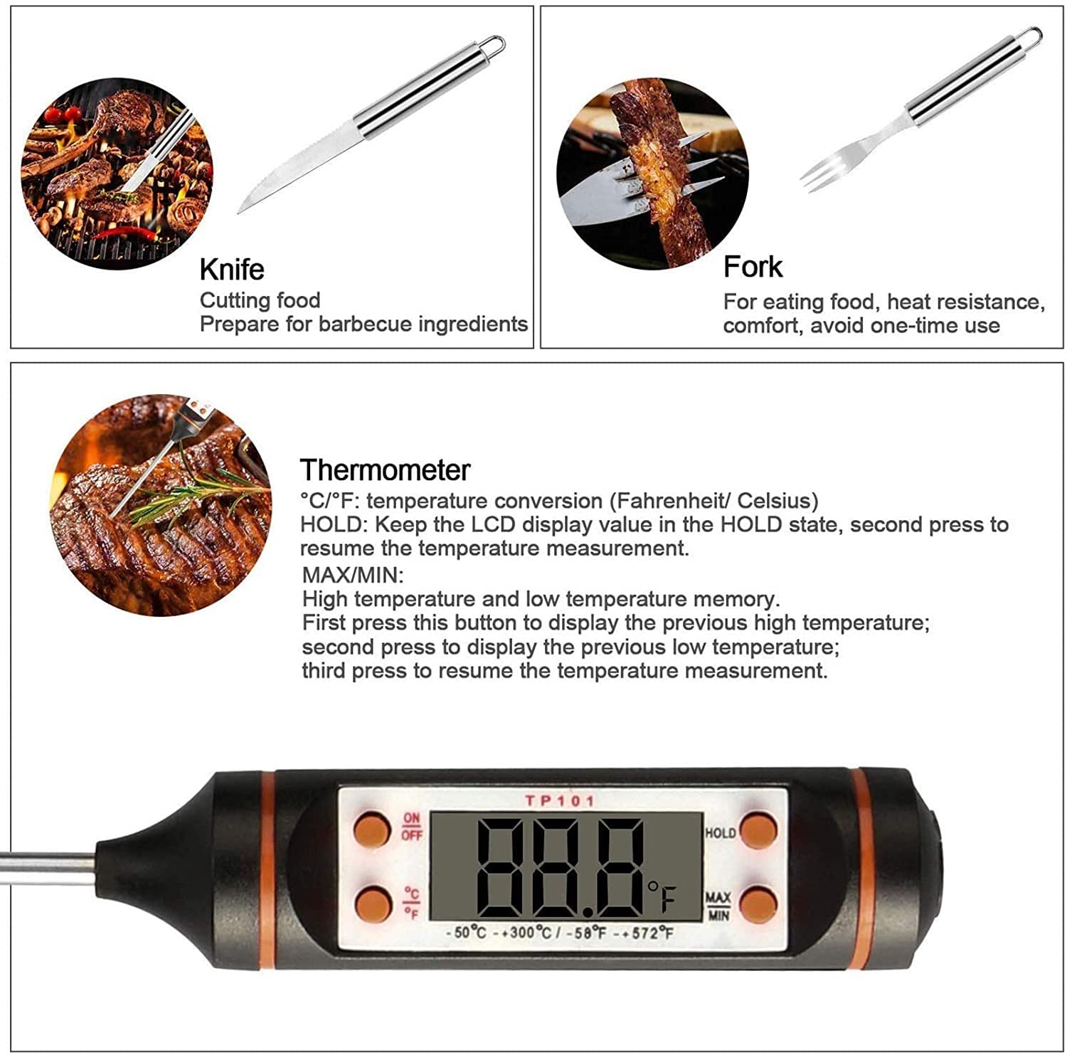Grill Set. BBQ. Strumenti Grigliare Strumenti Set Regali for Uomo, 3 2 pz. Accessori for Grill in Acciaio Inox con Custodia in Alluminio, termometro, for Barbecue in Campeggio/Cortile