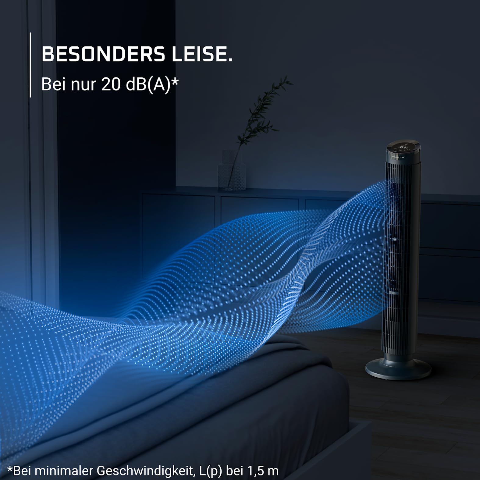 Rowenta Eole Silence Force Turmventilator VU7050F0, 12 Geschwindigkeitsstufen, 5 Automatikmodi, Timer, 60-90°-Schwenkung, Fernbedienung, Blau