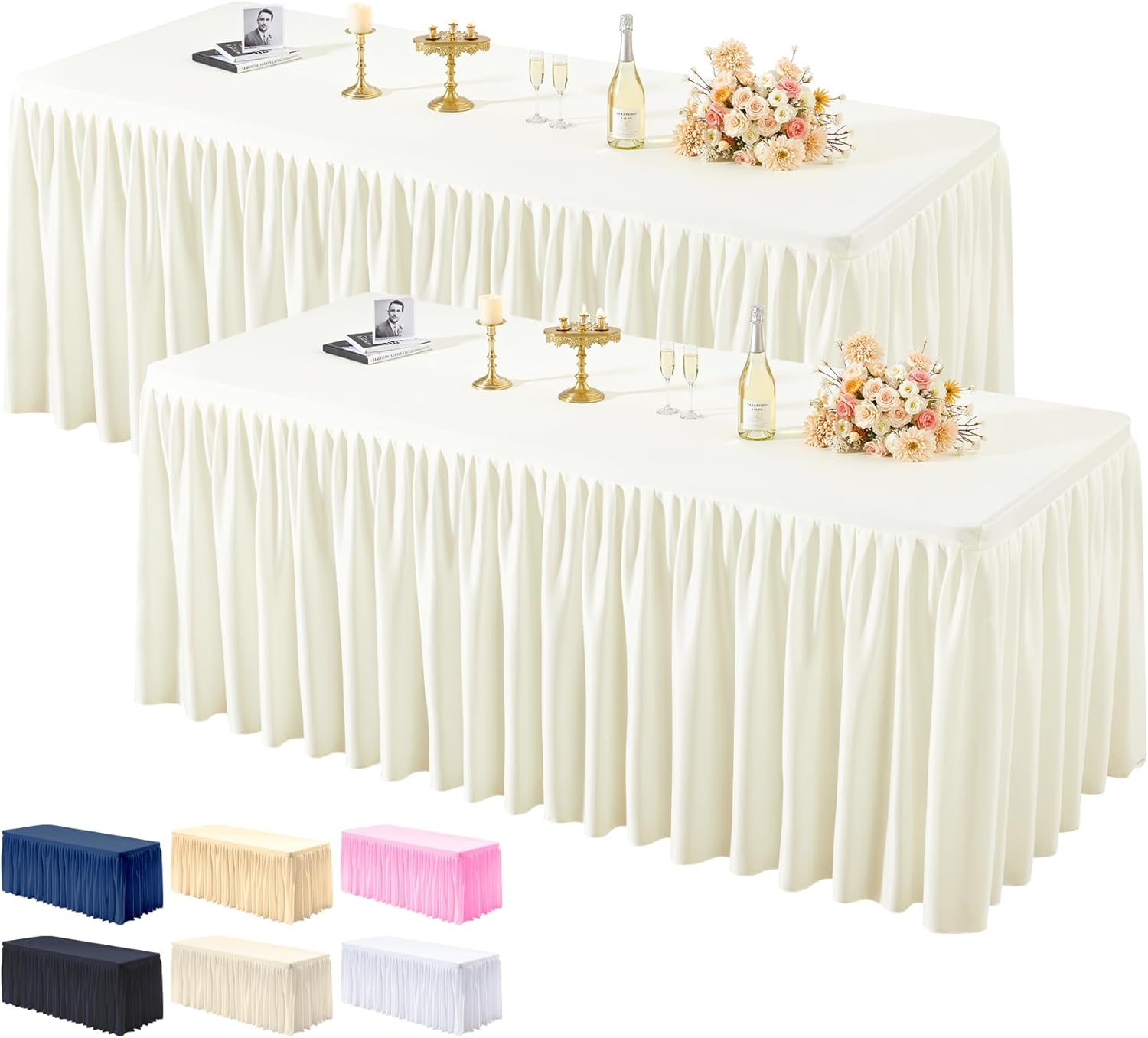 ２ Pack Ivory Tablecloths for Rectangle Tables 6ft, Wrinkle Resistant Spandex Table Cover Fitted Stretch Table Cloth with Pleated Ruffle Skirts for Party Banquet Dining Birthday Wedding