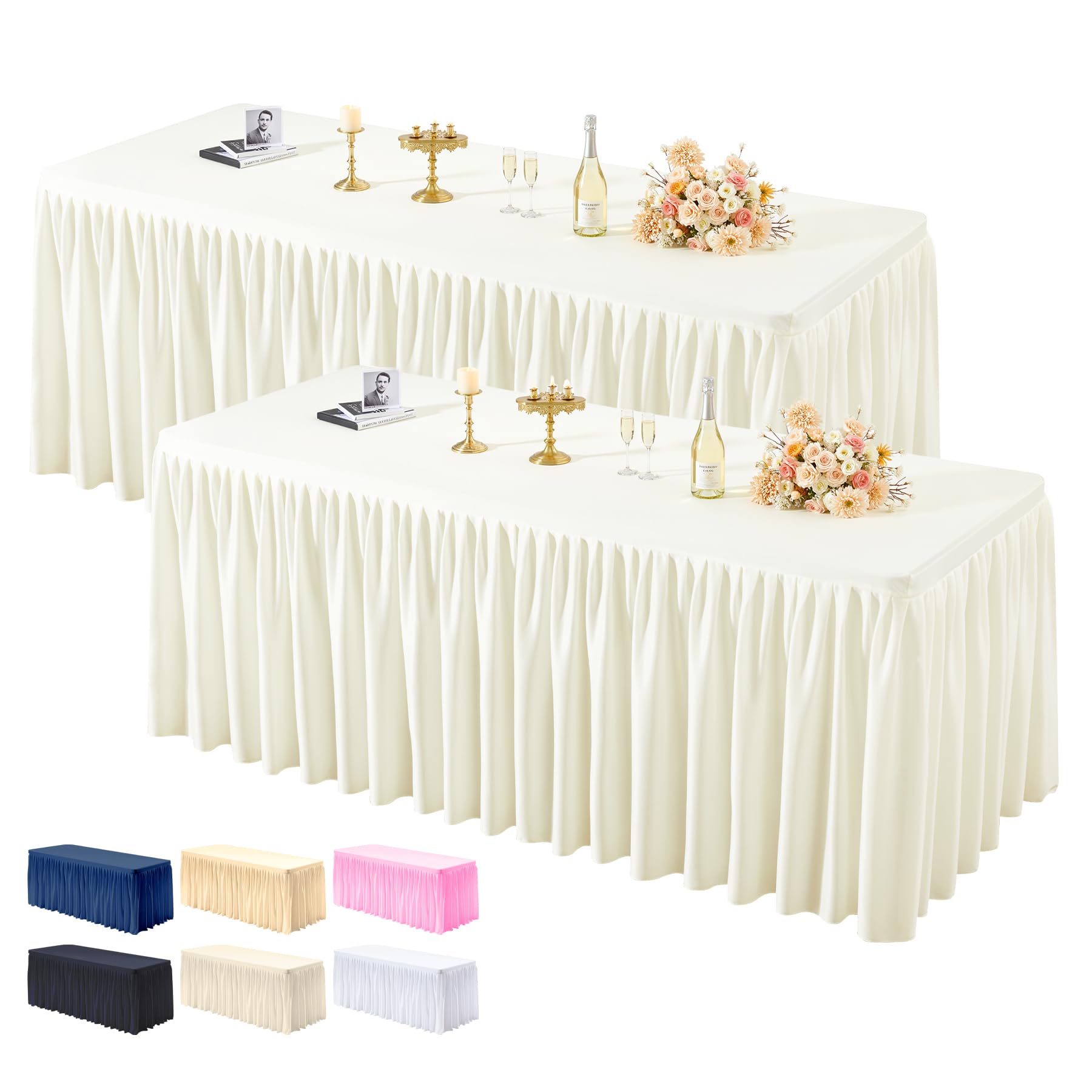 Photo 1 of ? Pack Ivory Tablecloths for Rectangle Tables 6ft, Wrinkle Resistant Spandex Table Cover Fitted Stretch Table Cloth with Pleated Ruffle Skirts for Party Banquet Dining Birthday Wedding