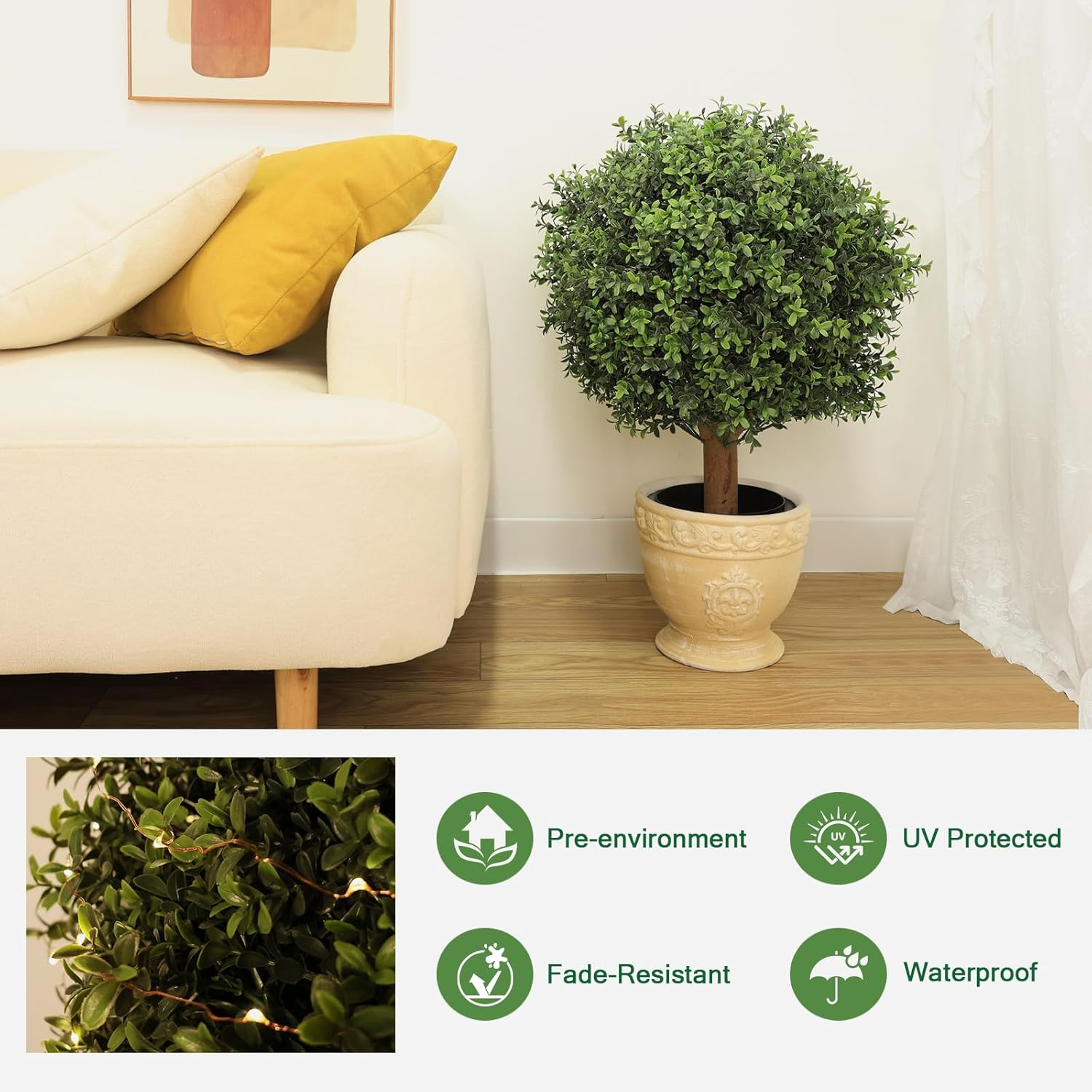 26" Artificial Boxwood Topiary Trees - 19.7" W Large Faux Plants Outdoor for Front Porch Decor, UV-Resistant Potted Shrubs with LED Lights, Realistic Fake Greenery Balls for Patio Entrance, Set of 2 - Image 7