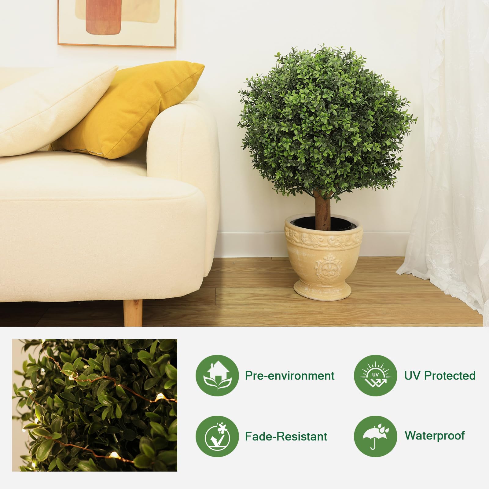 JOZHENJU 26" Artificial Topiary Tree - Boxwood Ball For Indoor & Outdoor Decor | Includes DIY Fairy Lights