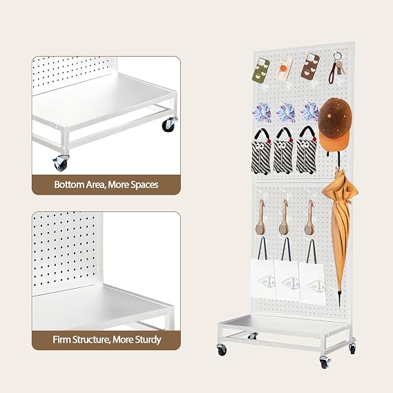 Eastern Tree Metal Pegboard Display Stand 2'x 5'with Base Plate, Pegboard Panels Display with Wheels, Peg Board Display Rack, Standing Pegboard Display with 30 Hooks - White