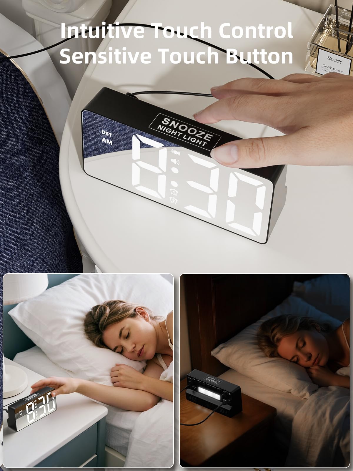 MINORZ Głośny budzik do głębokiego snu, budzik wibracyjny i lampka nocna, 3 tryby wibracji, podwójny alarm, drzemka, port ładowania USB, 12/24H i DST, idealny dla osób starszych niesłyszących