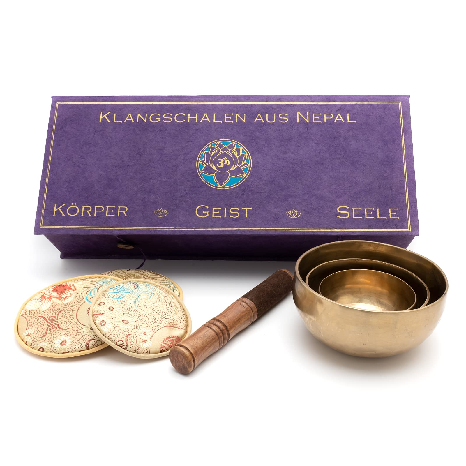 Körper-Geist-Seele-Box mit 3 feinen Klangschalen für das Herz-Chakra, das Stirn-Chakra und Kronenchakra für Meditation u. Klang-Therapie I Handgeschmiedet I Inkl.Klöppel/Pads I Fair Trade aus Nepal