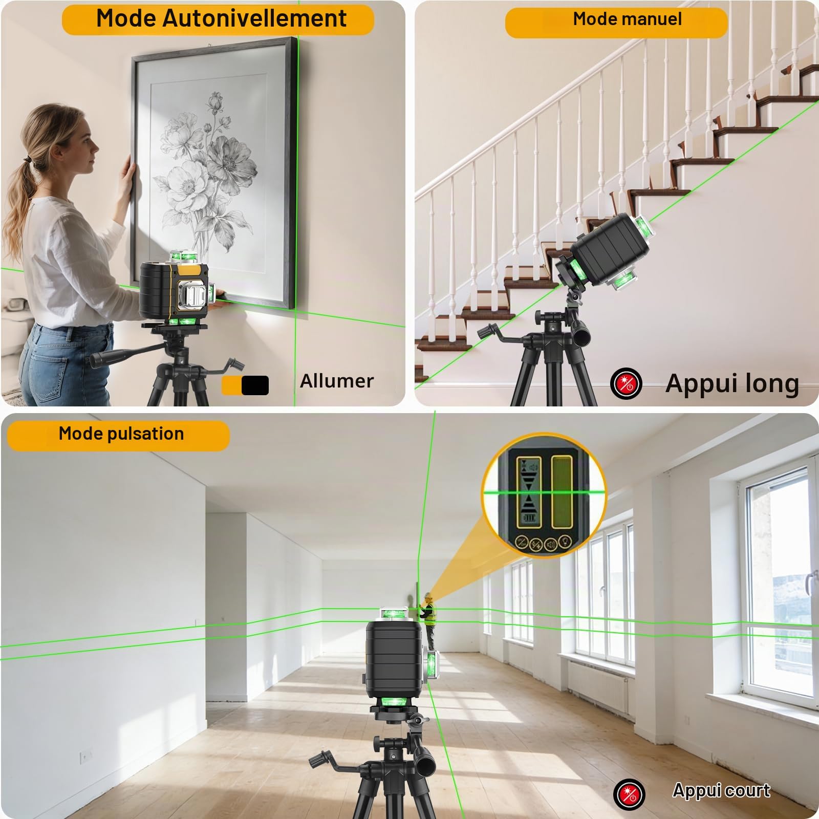 Niveau Laser Chantier Autonivelant avec Trépied, 4 x 360° Lazer Niveaux 4D 16 Lignes Laser, Autonivellement et Mode Pulsé Extérieur, 2 x Batterie, Nivellement Automatique, Support Rotatif