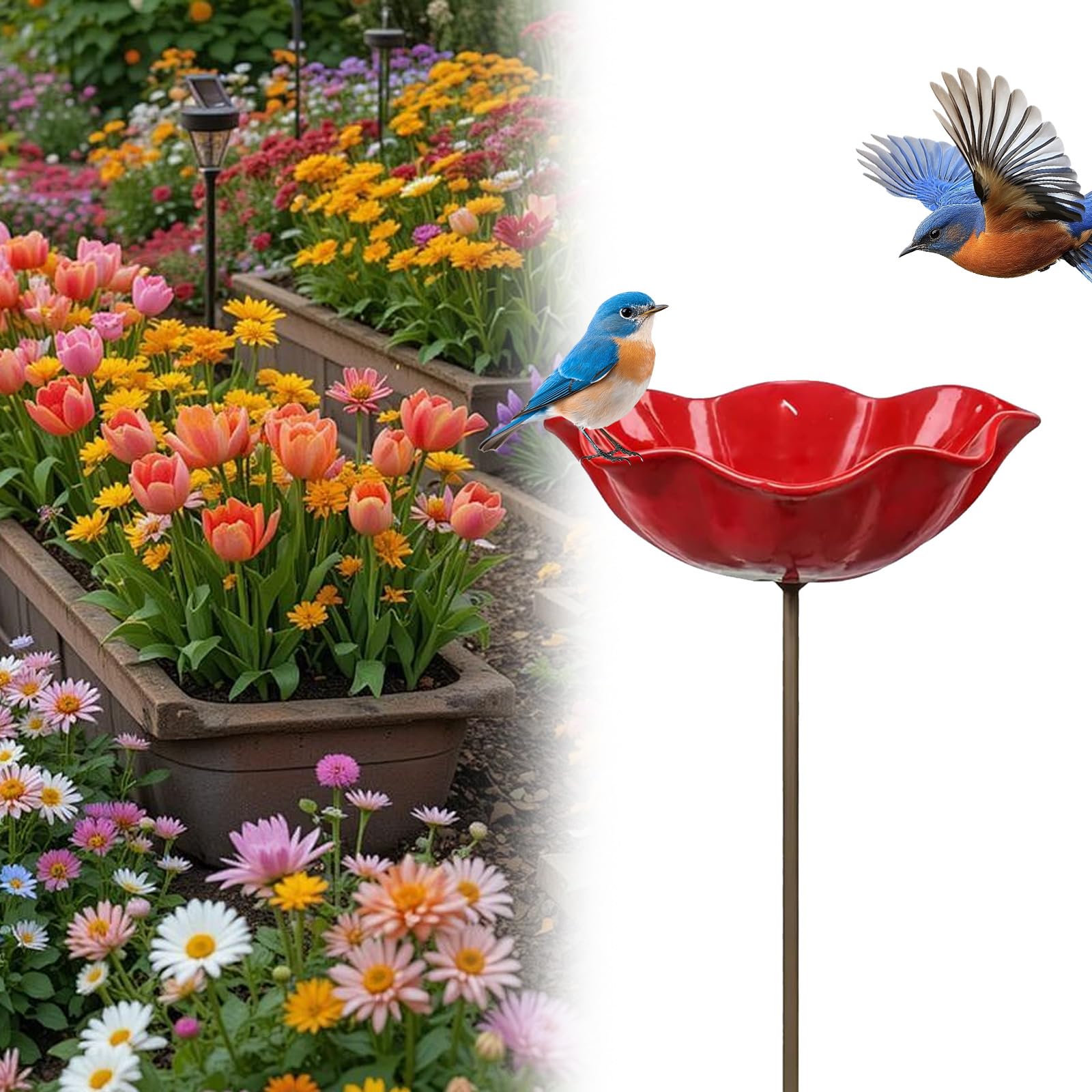 Handmade Metal Flower Garden Stake, Flower-Shaped Bee Watering Station Bird Bath for Garden, Dual Function Bird Bath and Pollinator Water Station for Gardens, Lawn, Patio Decor (Red)