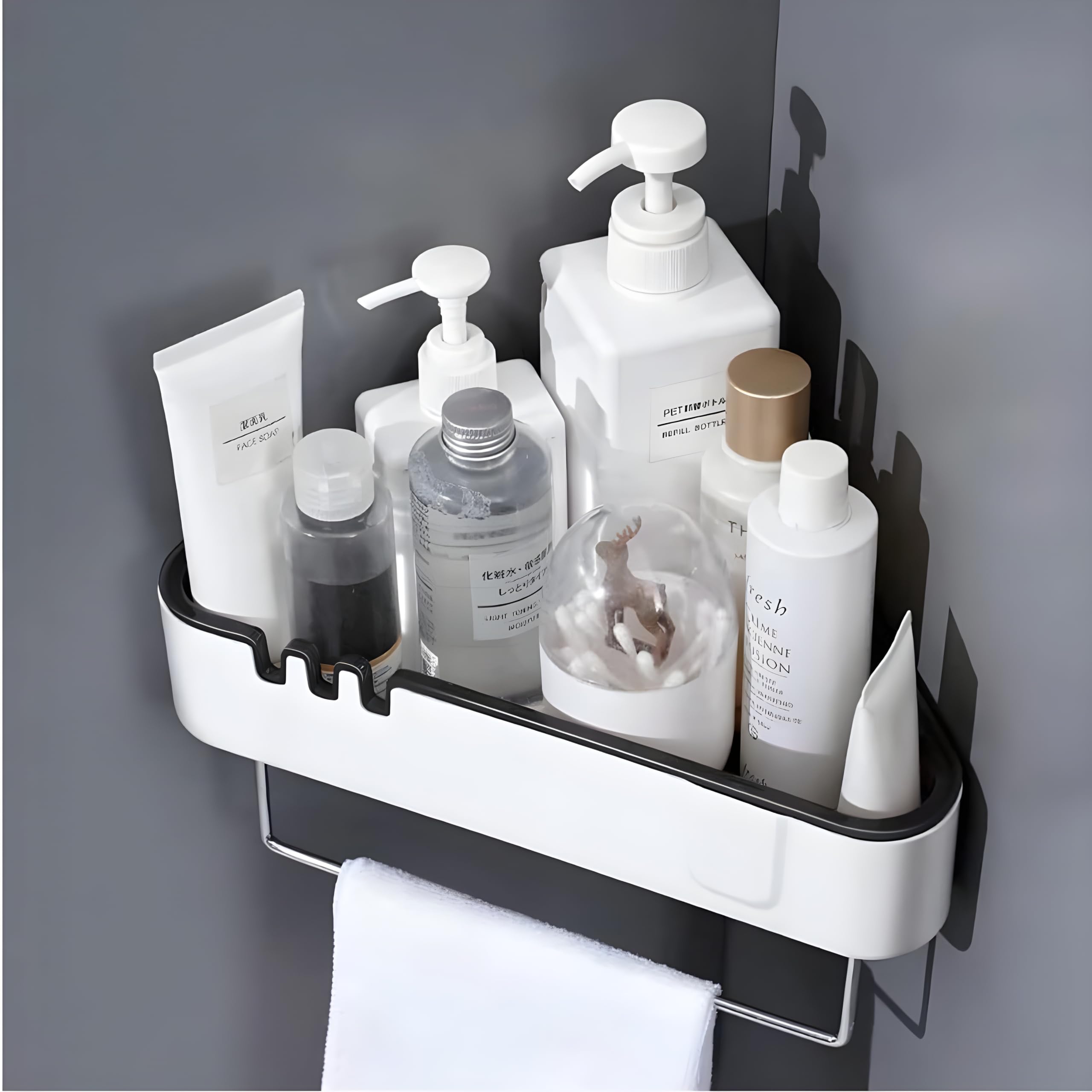 JIALTO Corner Bathroom Shelf Plastic/Magic Sticker Series Self Adhesive Wall Mounted Corner Shelf/Shampoo Storage Rack Bathroom Accessories Shelf with Towel Hanging Rod/Holder Rack (Triangle), White (B0CD46X9W2) Amazon Price History, Amazon Price Tracker