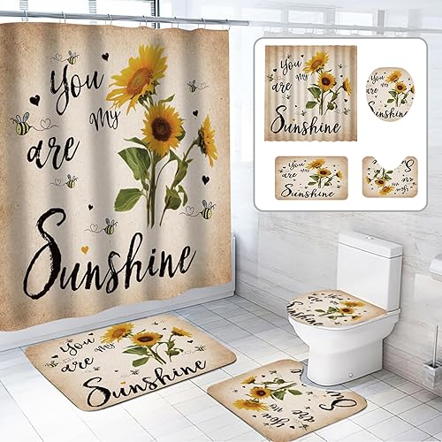 Miniatura 1 de Juego de 4 cortinas de ducha de girasol con alfombras antideslizantes, cubierta de tapa de inodoro, alfombra de baño y cortina de ducha impermeable
