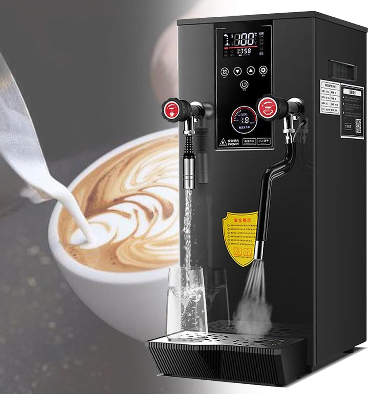 Wytrzymały, 12-litrowy elektryczny ekspres do wrzątku i spieniacz do mleka z dwiema dyszami, wyświetlaczem LED do espresso i herbaty, klasa komercyjna (Black 220V)