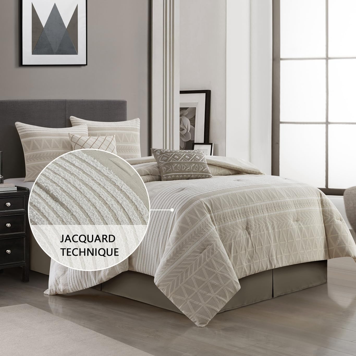 Stratford Park Cotton 6 Piece Comforter Sets, Beige, Queen Size Bed, Comfortable & Soft, All Season Bedding Set