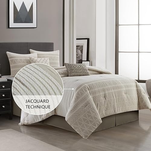 Miniatura 3 de Grand Avenue Juego de edredón 100% algodón tamaño Queen, 6 piezas, juego de ropa de cama jacquard geométrico beige