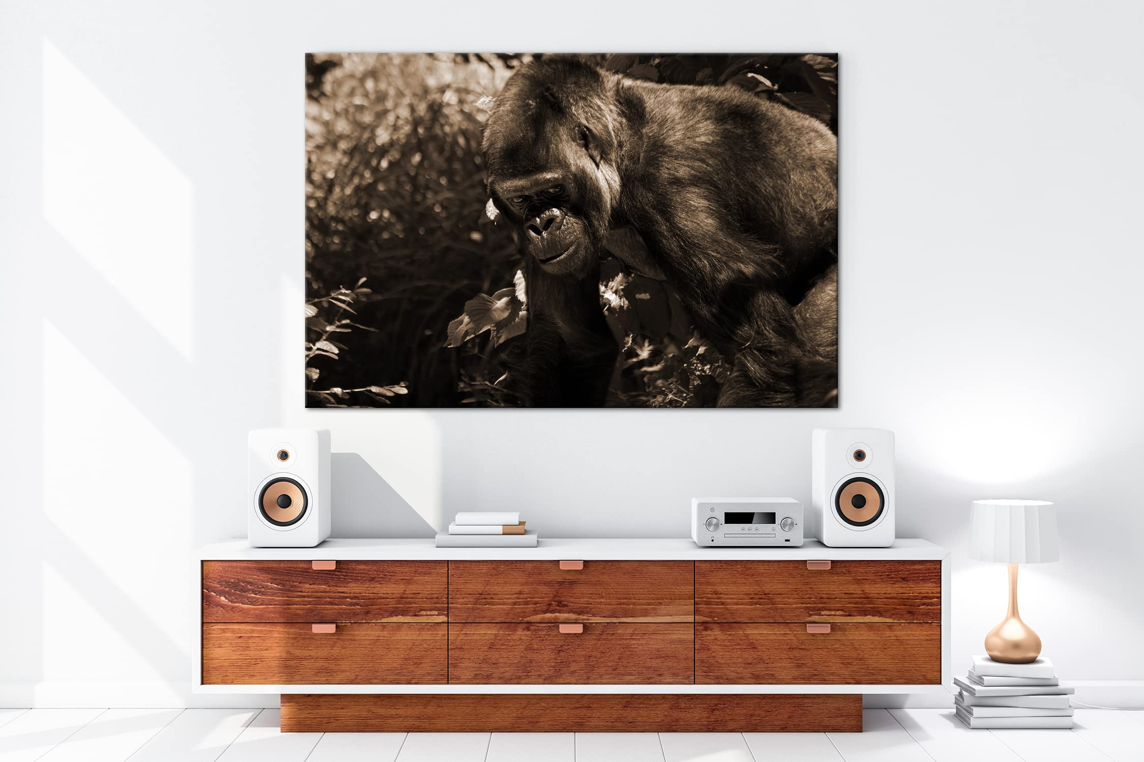 Grande formato Gorilla Formato: 120 x 80 Effetto: Seppia su tela, motivo già incorniciato su cornice in vero legno, stampa digitale di alta qualità, senza poster o manifesto