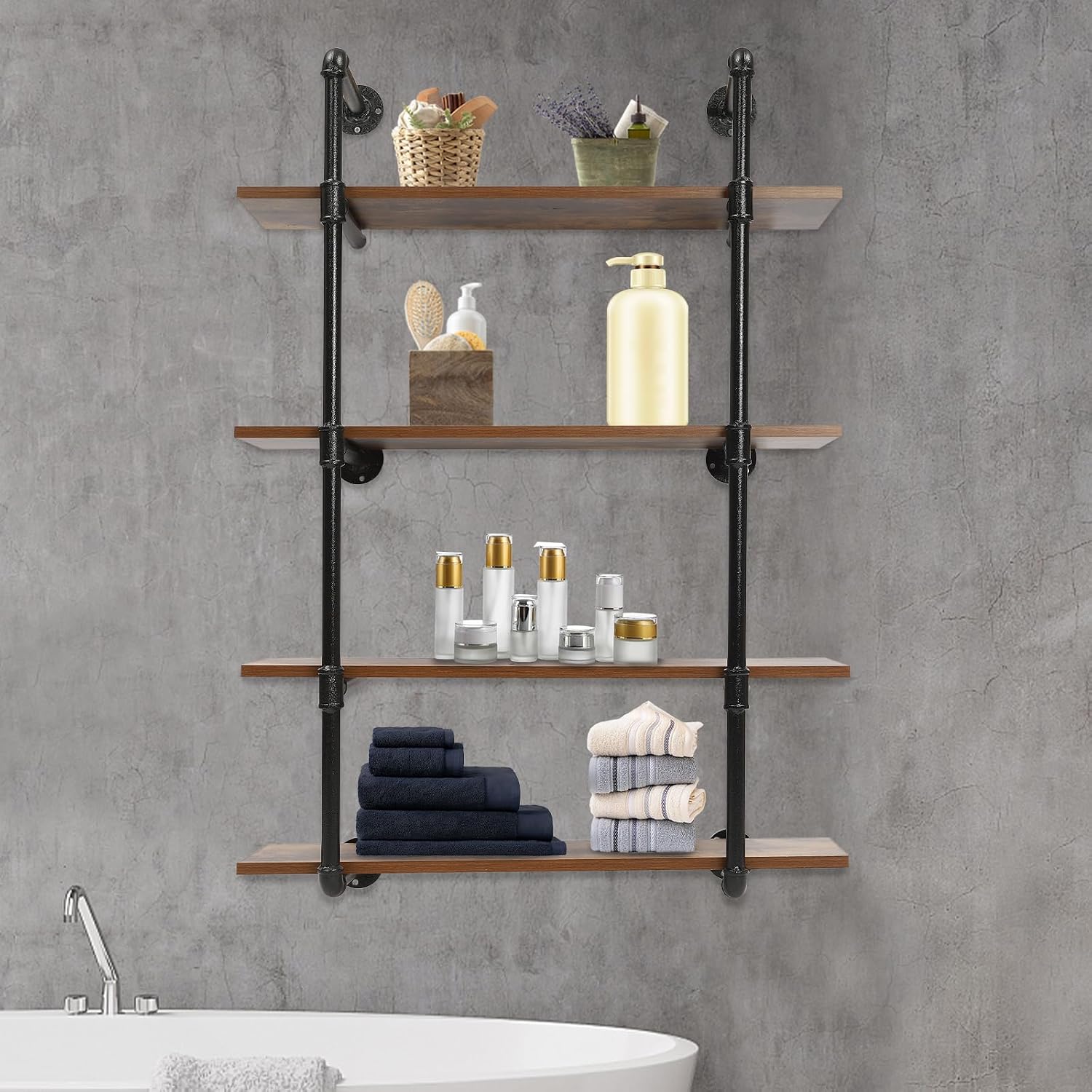 4 Tier 30in Industrial Pipe Shelving Wall Mounted Rustic Metal Floating Shelves Wall Shelf Unit Bookshelf Hanging Wall Shelves for Living Room, Supermarket, Bedroom, Bathroom, Kitchen Pantry