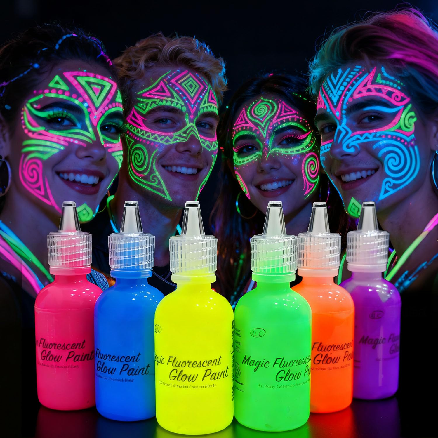 [6 Bottles, 1 oz. Each] UV Body Paint Glow Blacklight Reactive Neon Fluorescent Paint - Safe for Skin - Washable - Non-Toxic - Six Colors Kit