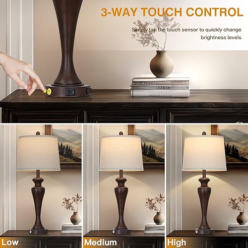 Miniatura 4 de Juego de 2 lámparas de mesa táctiles marrones de 30 pulgadas, lámpara de noche regulable de 3 vías con puertos USB A+C y salida de CA, lámparas