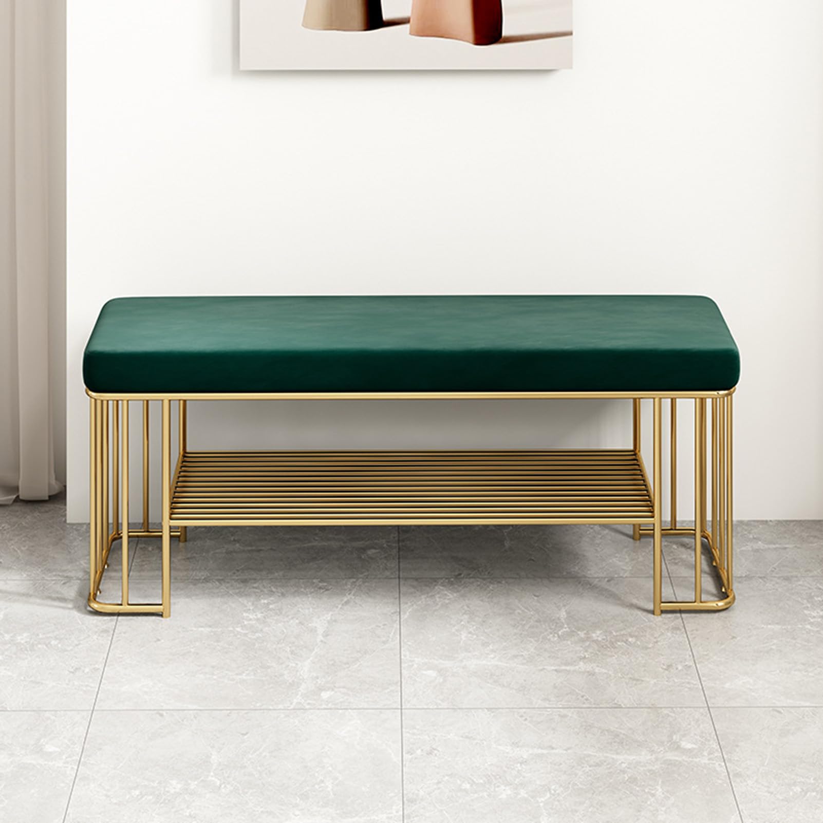 GDMDPTE Velvet Upholstered Shoe Storage Bench 2-Tier Entryway nizer with Gold Frame Stylish Shoe Rack for Hallway Modern Footwear Storage Solution