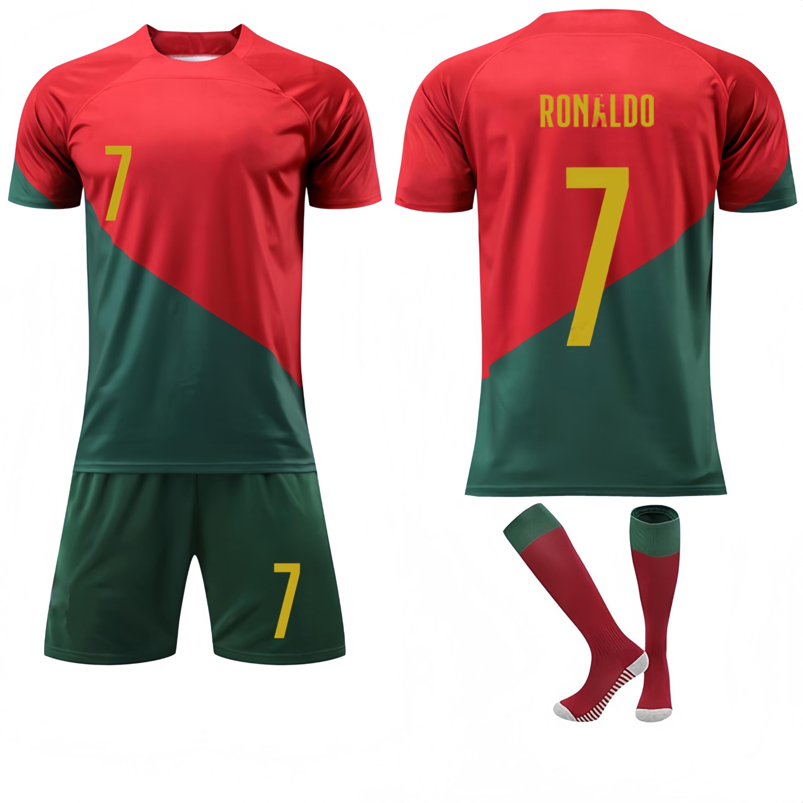 Set di maglia da calcio del Portogallo n. 7, con pantaloncini e calzini, colore: rosso/verde