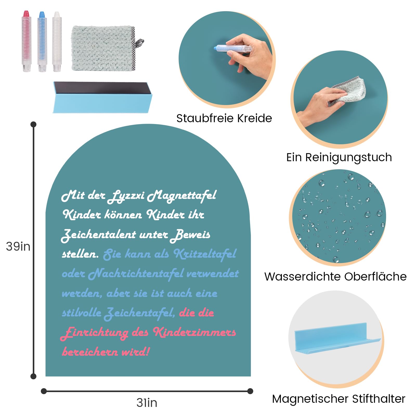 Magnettafel Kinder Selbstklebend, Magnetwand Kinderzimmer 80×100 cm Bogen（Türkis）