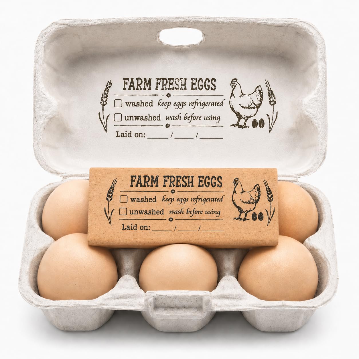Farm Fresh Eggs Rubber Stamp for Egg Cartons, Washed & Unwashed Chicken Stamp with Laid On Date, Farmhouse Wooden Stamp for Small Farm Packaging, Farmers Market