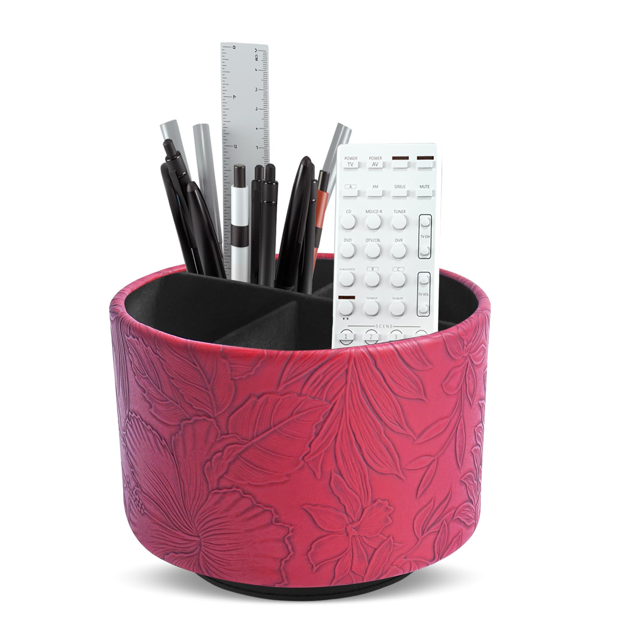 Czzmy Round Leather Art Supply Organizer,Remote Control Holder,360 Degree Spinning,Multi-Functional Pencil Holder,4 Compartments Desktop Stationary Organizer(1-Carved Red)