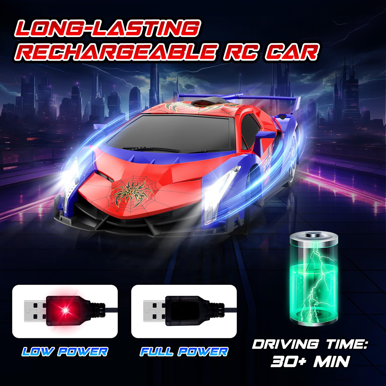 Macchina Telecomandata per Bambini 3 4 5 6 7 8 9+ Anni, 2.4Ghz Macchina Radiocomandata 15KM/h Veloci Auto RC Drift Car con Luci Spider Giocattolo Giochi Interno All'Aperto Regalo Bambino Maschio