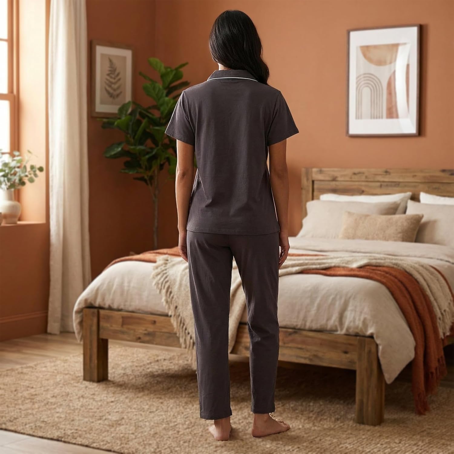 Women's Petite Cotton Pajama Set Short Sleeve Button Up Pjs with Short Inseam Pants & Pockets 2-Piece Lounge Set - Image 2