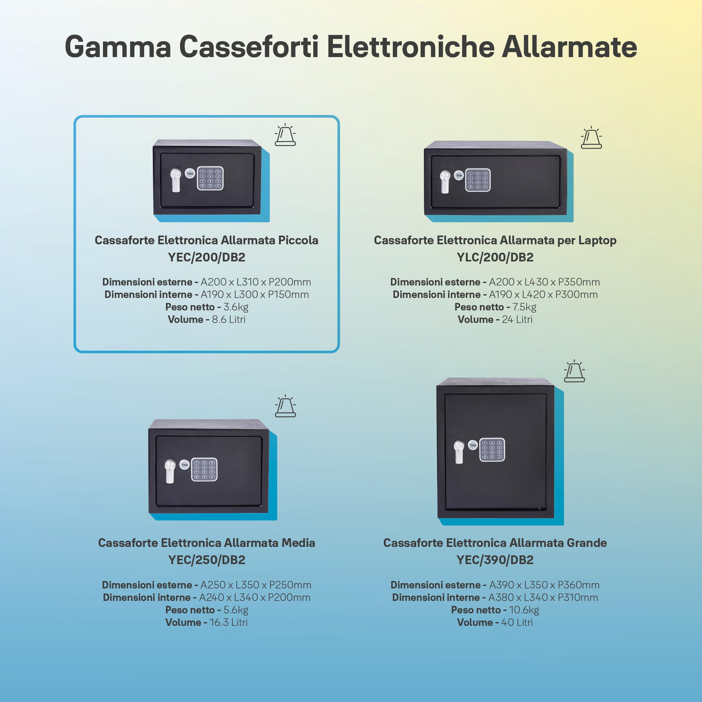 YALE Cassaforte Elettronica con Allarme Piccola YEC/200/DB2 Nero, Allarme Integrato 130 dB, Struttura e Bulloni di Bloccaggio in Acciaio, Versione Corrente