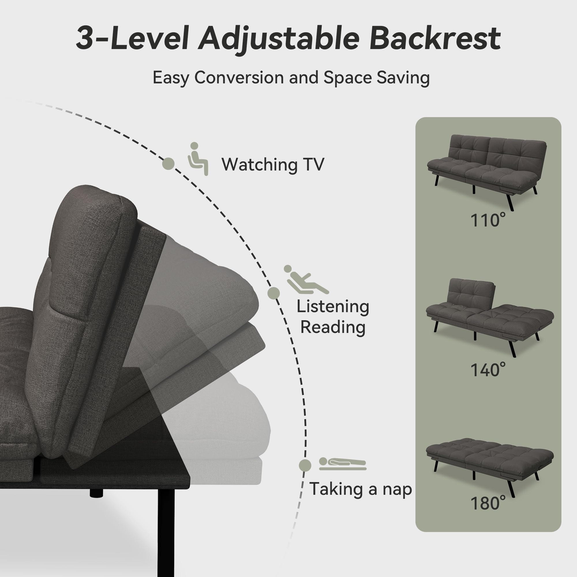 Convertible Futon Sofa Bed,Grey Linen Modern Futon Couch,Memory Foam Loveseat Sleeper Recliner,Detachable Cushion,Adjustable Backrest & Armrest,Couch for Living Room,Office,Apartment