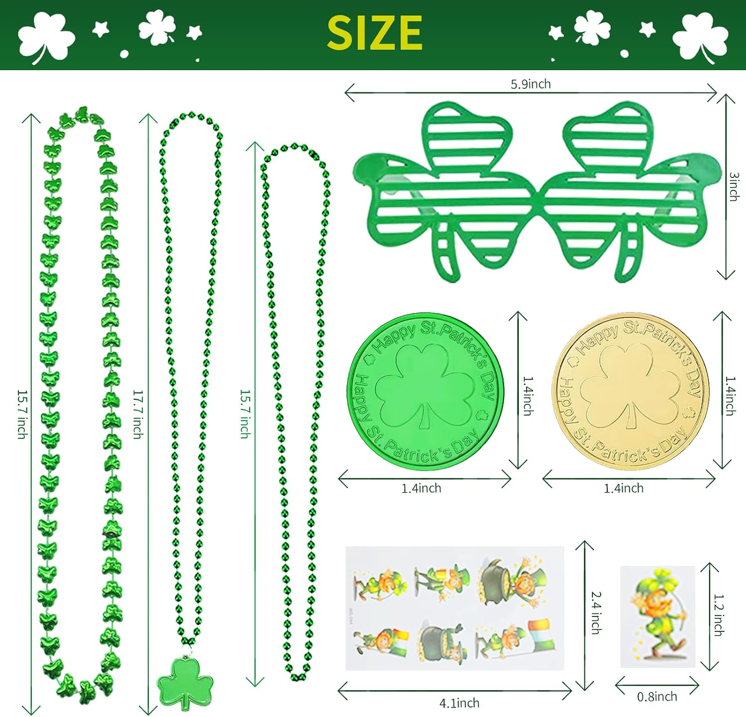 Labrostar 132Pcs St. Patricks Day Accessories Party Favors Shamrock Glasses Necklaces Green Gold Coins Tattoos for Irish St Patrick's Day Decorations Supplies