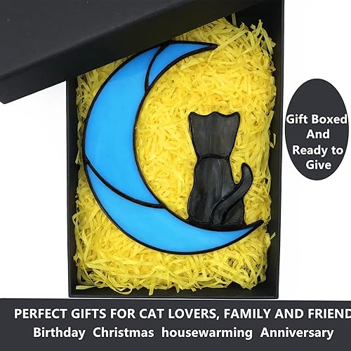Miniatura 3 de Decoración de gato atigrado gris en luna azul para colgar en la ventana, regalo conmemorativo para los amantes de los gatos, adorno para mascotas