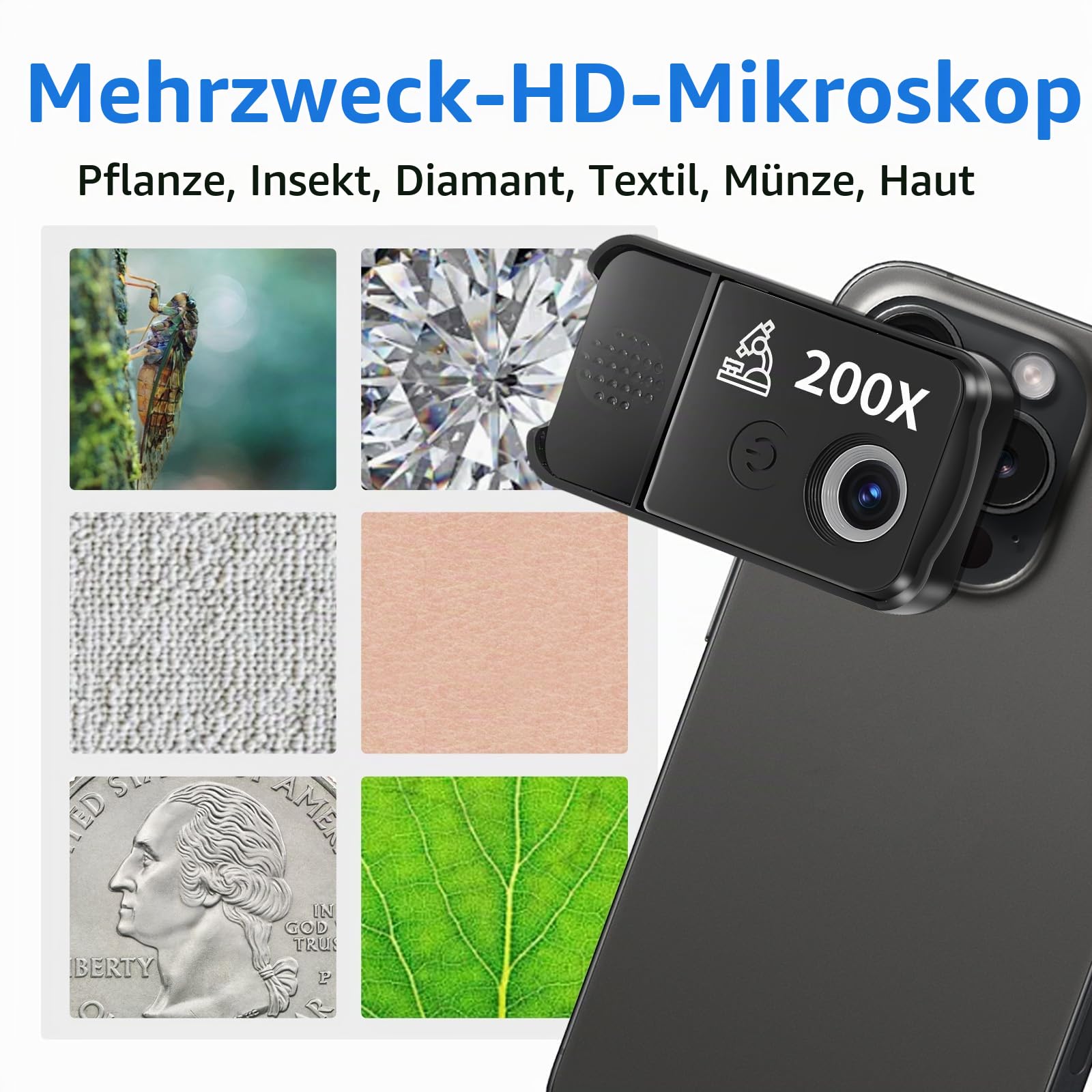Handy Mikroskop, 200x USB Mikroskopen mit LED, Mini-Mikroskop für Smartphone Kamera, HD Digital Mikroskope mit CPL für Explore Micworld Digitales, Kompatibel mit iPhone und Android-Handy